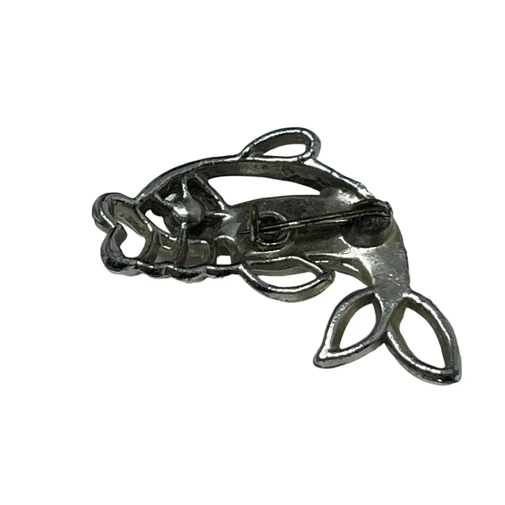 Vintage Fish Brooch Silver Tone with Multi Color‎ Rhinestone Accent